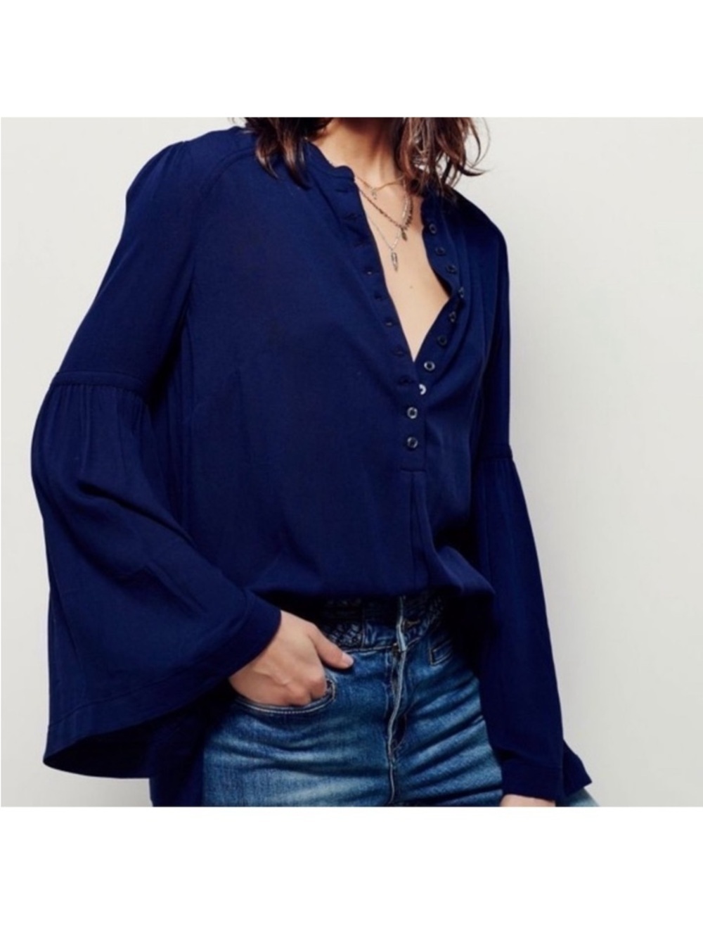 Free People Easy Girl Bell Sleeve Navy Tunic Top Textured Long Sleeve Size M